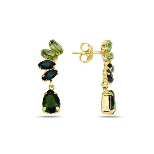 Gold earrings with green crystals on a white background
Material: Sterling Silver, Rose Gold Plated, Swarovski Crystals

Color: sterling silver, yellow gold, 3 tones of green

Measurement: 4 mm thickness, 2.5 cm length, .5 cm width