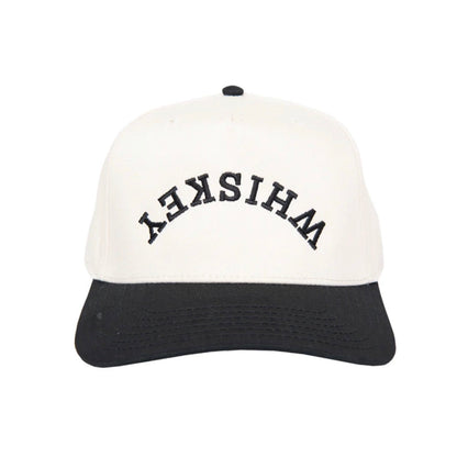 White and black cap with 'WHISKY' text on a white background