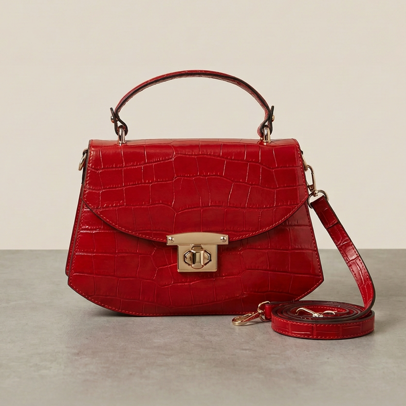 Red handbag with gold accents on a neutral background