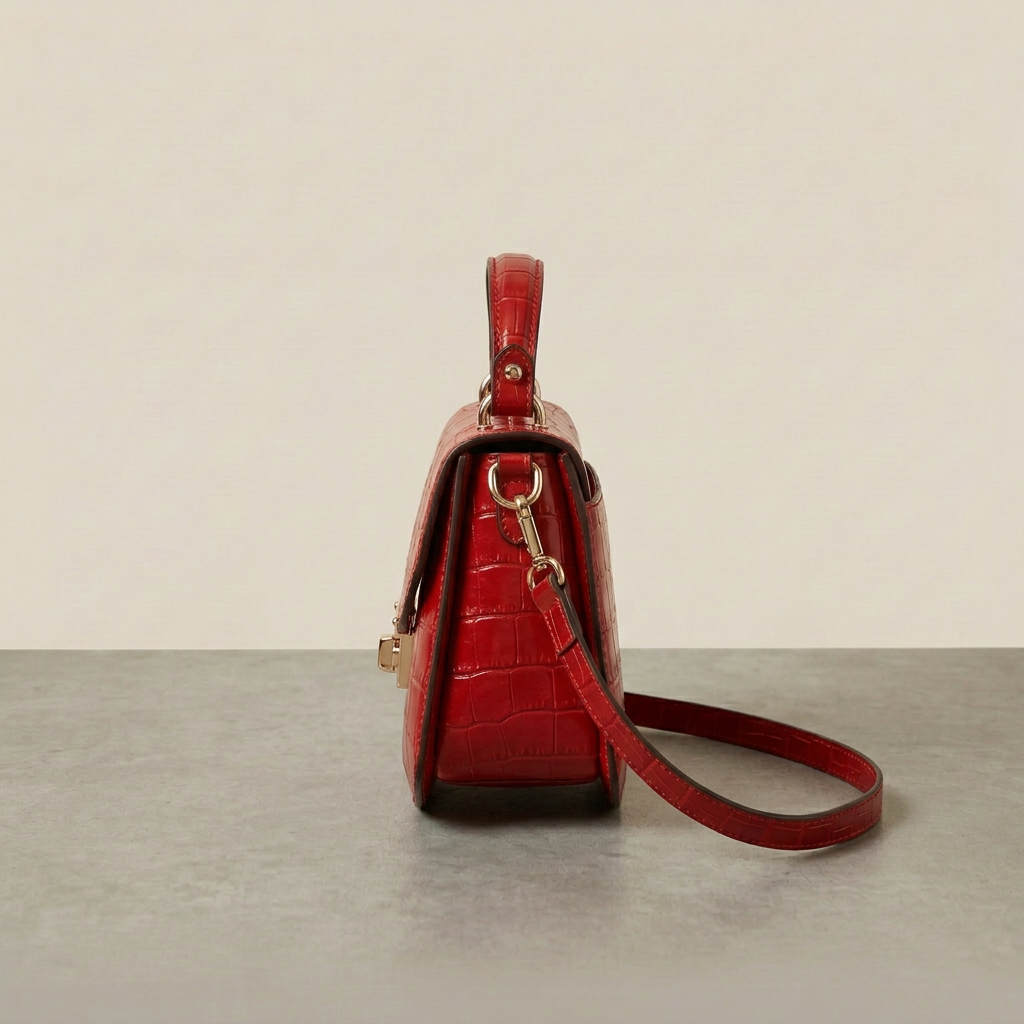 La Contessa Genuine Italian Leather Red Croc Embossed Handbag