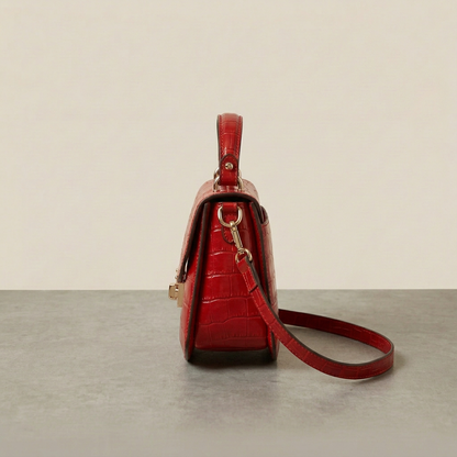 La Contessa Genuine Italian Leather Red Croc Embossed Handbag