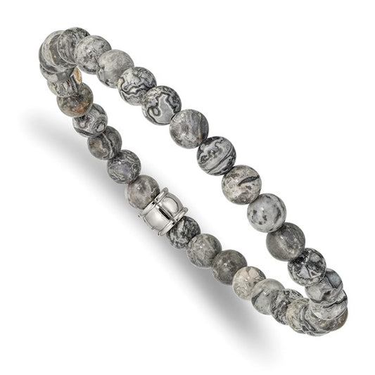 Gray beaded bracelet with a silver clasp on a white background
Material: stainless steel, grey Jasper beads
Color: silver, grey
Closure: infinity, stretch fit
Measurement: 8.5" circumference with 1" additional stretch