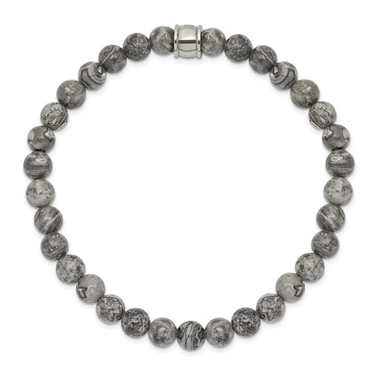 Gray beaded bracelet with a silver clasp on a white background
Material: stainless steel, grey Jasper beads
Color: silver, grey
Closure: infinity, stretch fit
Measurement: 8.5" circumference with 1" additional stretch