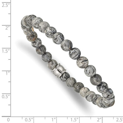 Bracelet with gray beads on a white background with measurement scale
Material: stainless steel, grey Jasper beads
Color: silver, grey
Closure: infinity, stretch fit
Measurement: 8.5" circumference with 1" additional stretch