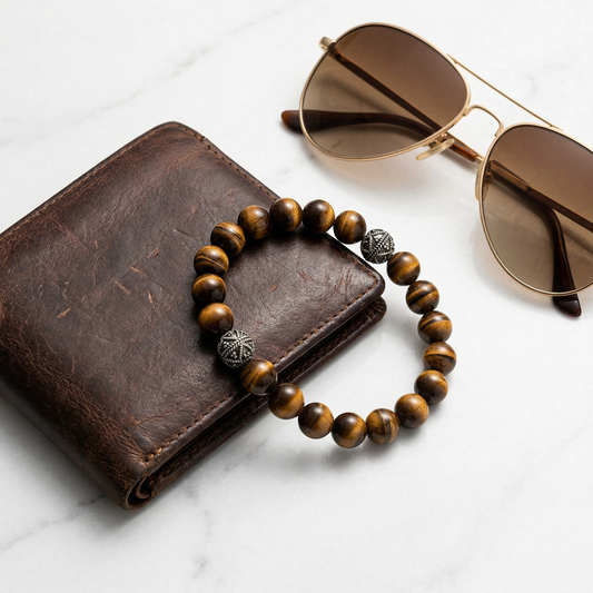 Chisel Stainless Steel Antiqued and Polished 10mm Tiger's Eye Stretch Bracelet