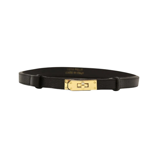 Black belt with a gold buckle on a white background