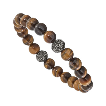 Chisel Stainless Steel Antiqued and Polished 10mm Tiger's Eye Stretch Bracelet