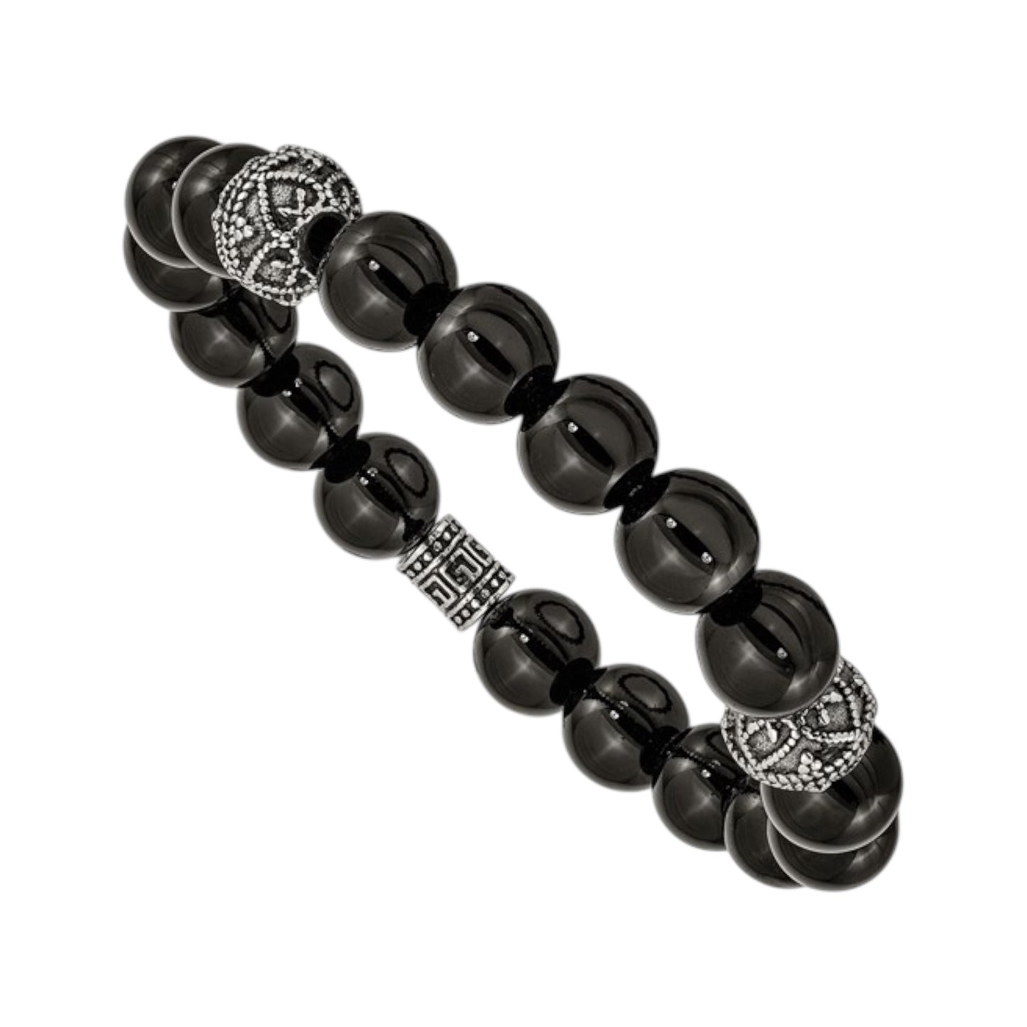 Chisel Stainless Steel Antiqued and Polished Black Agate Beaded Stretch Bracelet