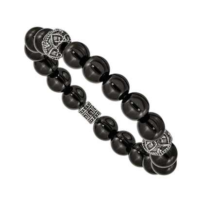 Chisel Stainless Steel Antiqued and Polished Black Agate Beaded Stretch Bracelet