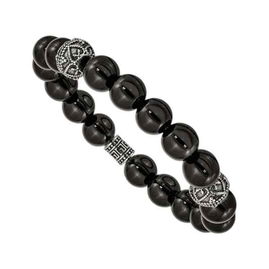 Chisel Stainless Steel Antiqued and Polished Black Agate Beaded Stretch Bracelet