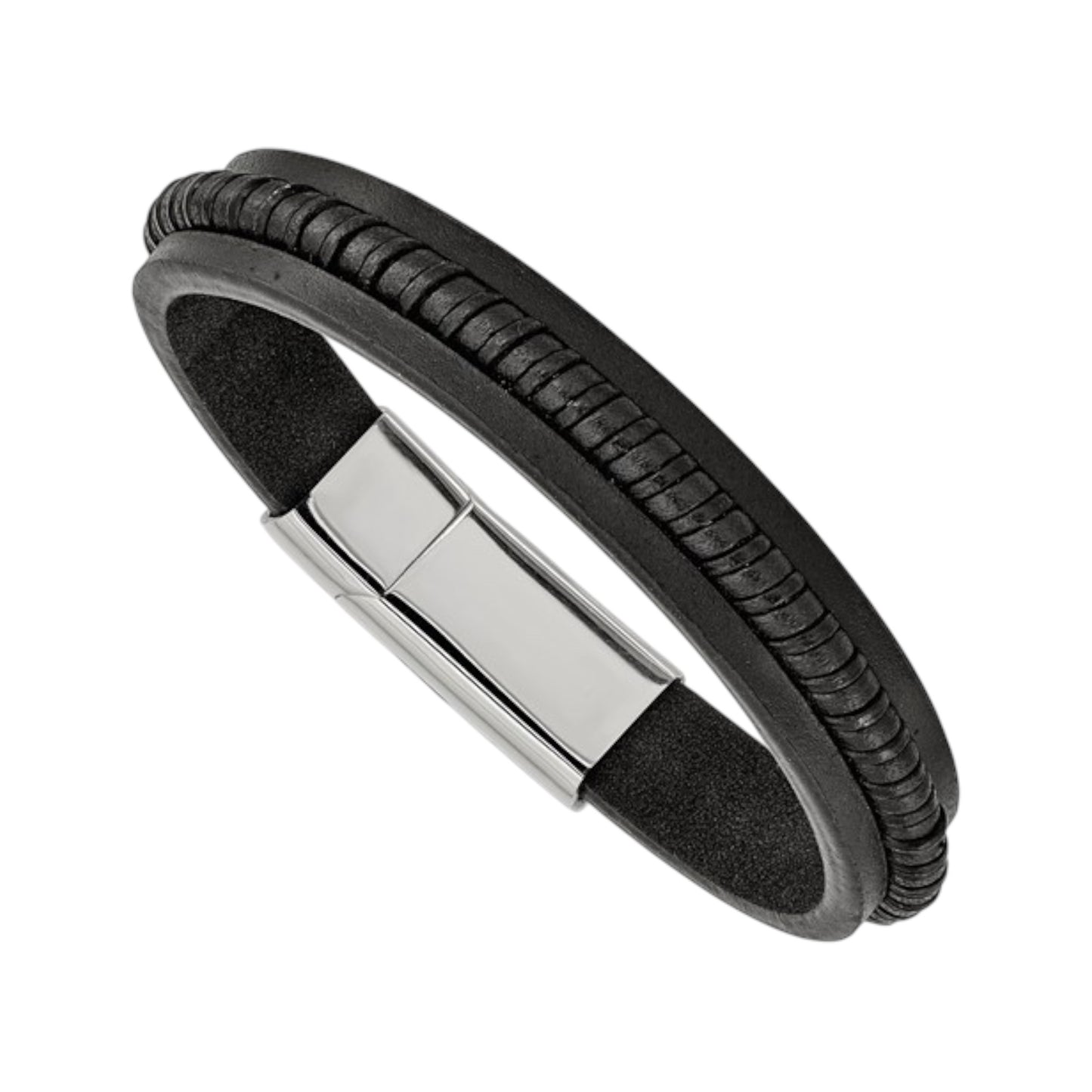 Men's Stainless Steel Polished Black Leather 8.25in Bracelet
