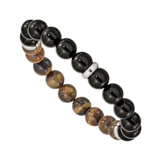 Men's Chisel Stainless Steel Polished 10.5mm Black Agate and Tiger's Eye Beaded Stretch Bracelet