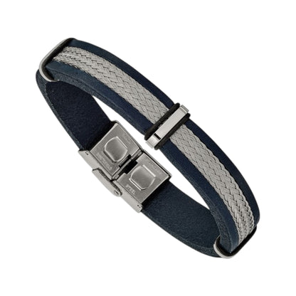 Men's Stainless Steel Polished Blue Leather and Wire 8.5in Bracelet