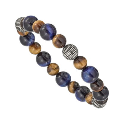 Men's Chisel Stainless Steel Antiqued and Polished Brown and Blue Tiger's Eye Beaded Stretch Bracelet