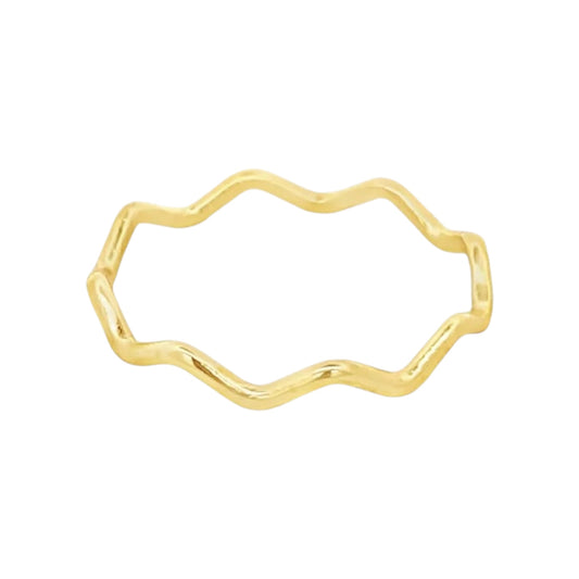 Gold ring with wavy design on a white background