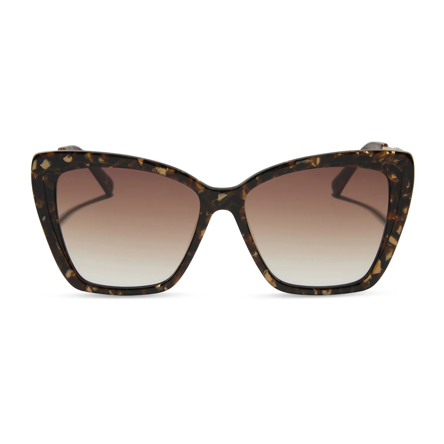 Cat-eye sunglasses with tortoiseshell frame and gradient brown lenses on a white background