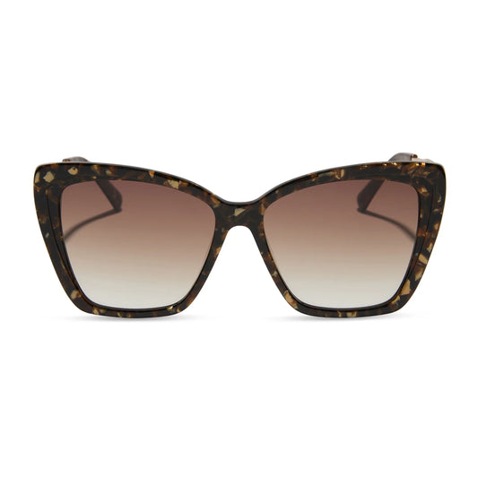 Cat-eye sunglasses with tortoiseshell frame and gradient brown lenses on a white background