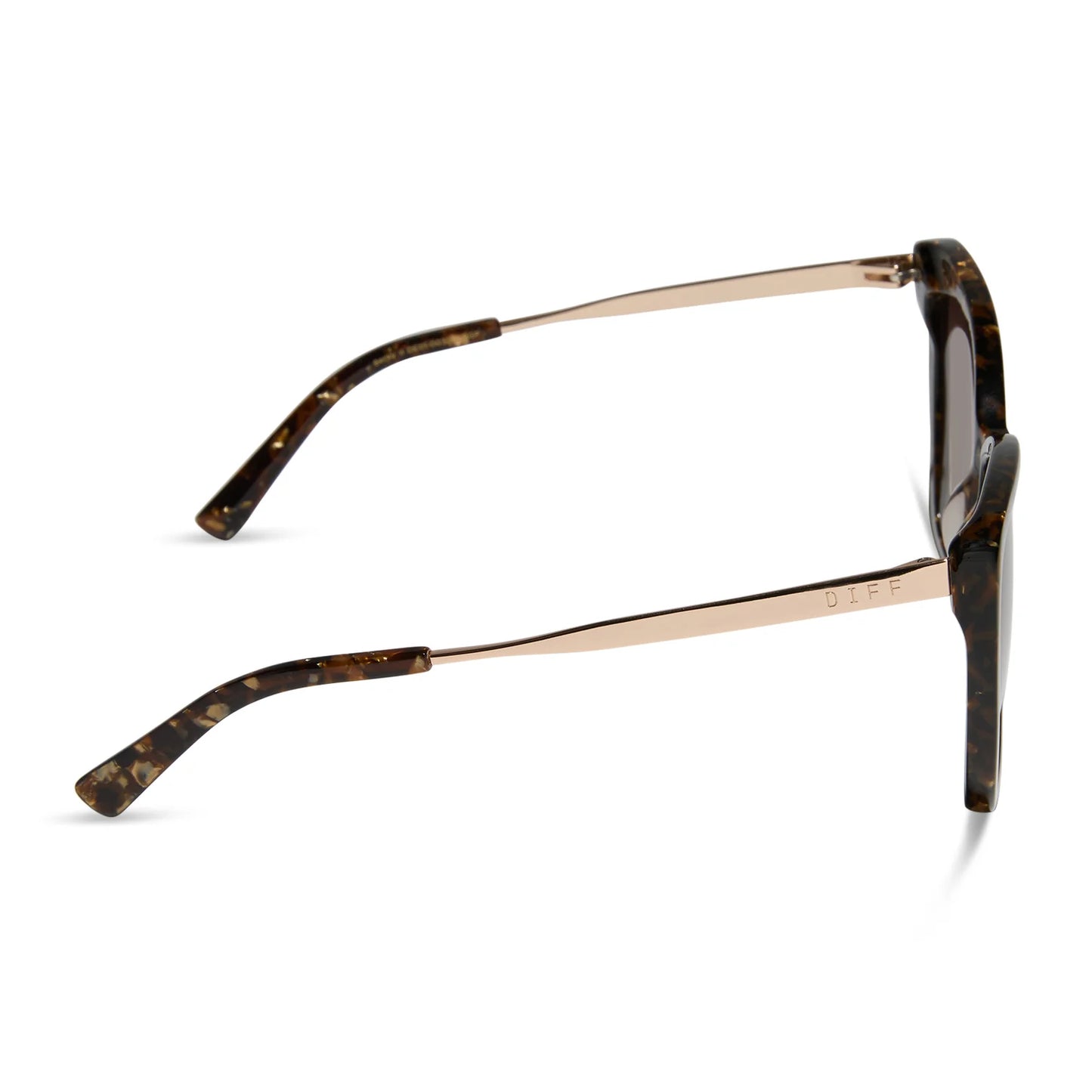 Sunglasses with tortoiseshell frame and dark lenses on a white background