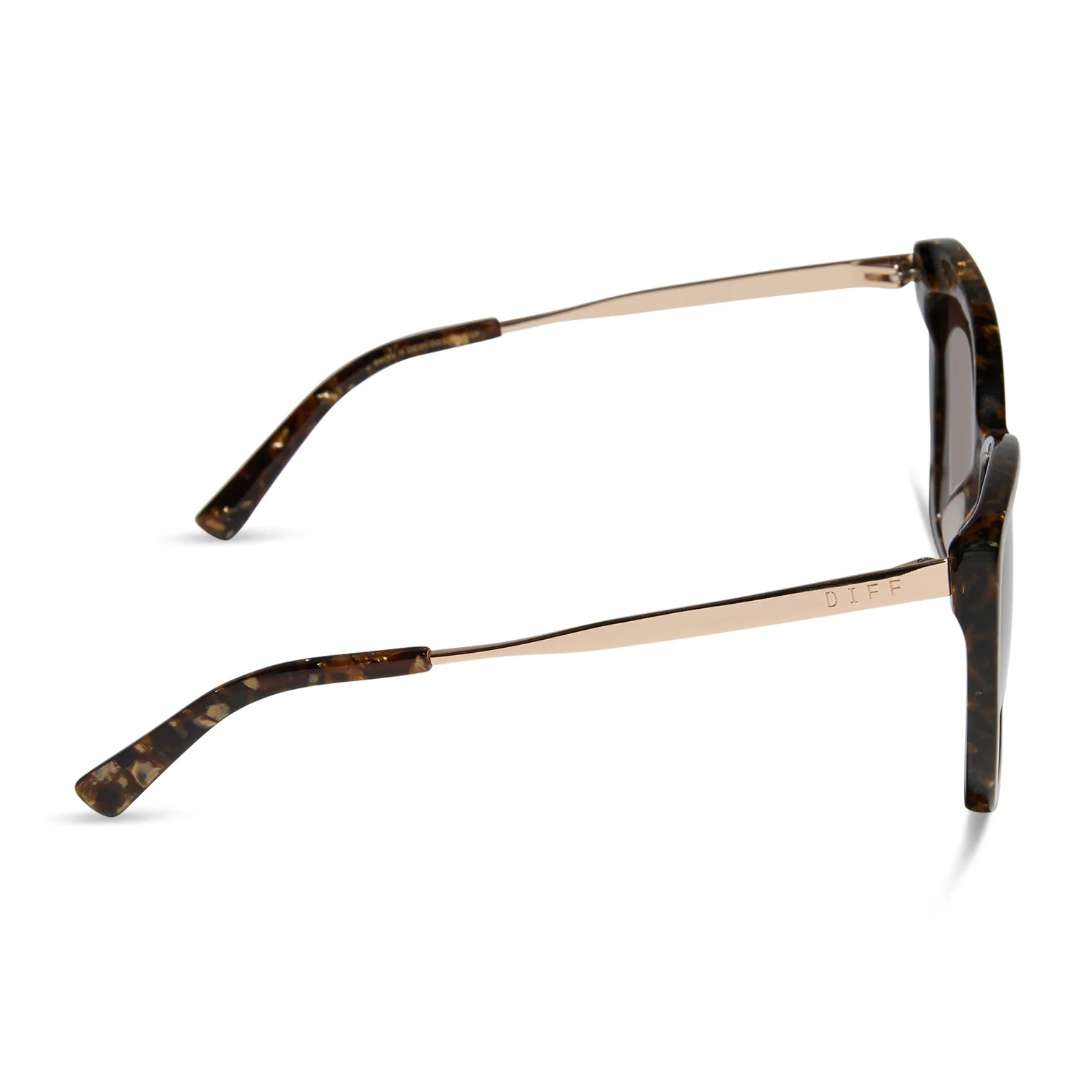 Sunglasses with tortoiseshell frame and dark lenses on a white background