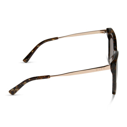 Sunglasses with tortoiseshell frame and dark lenses on a white background