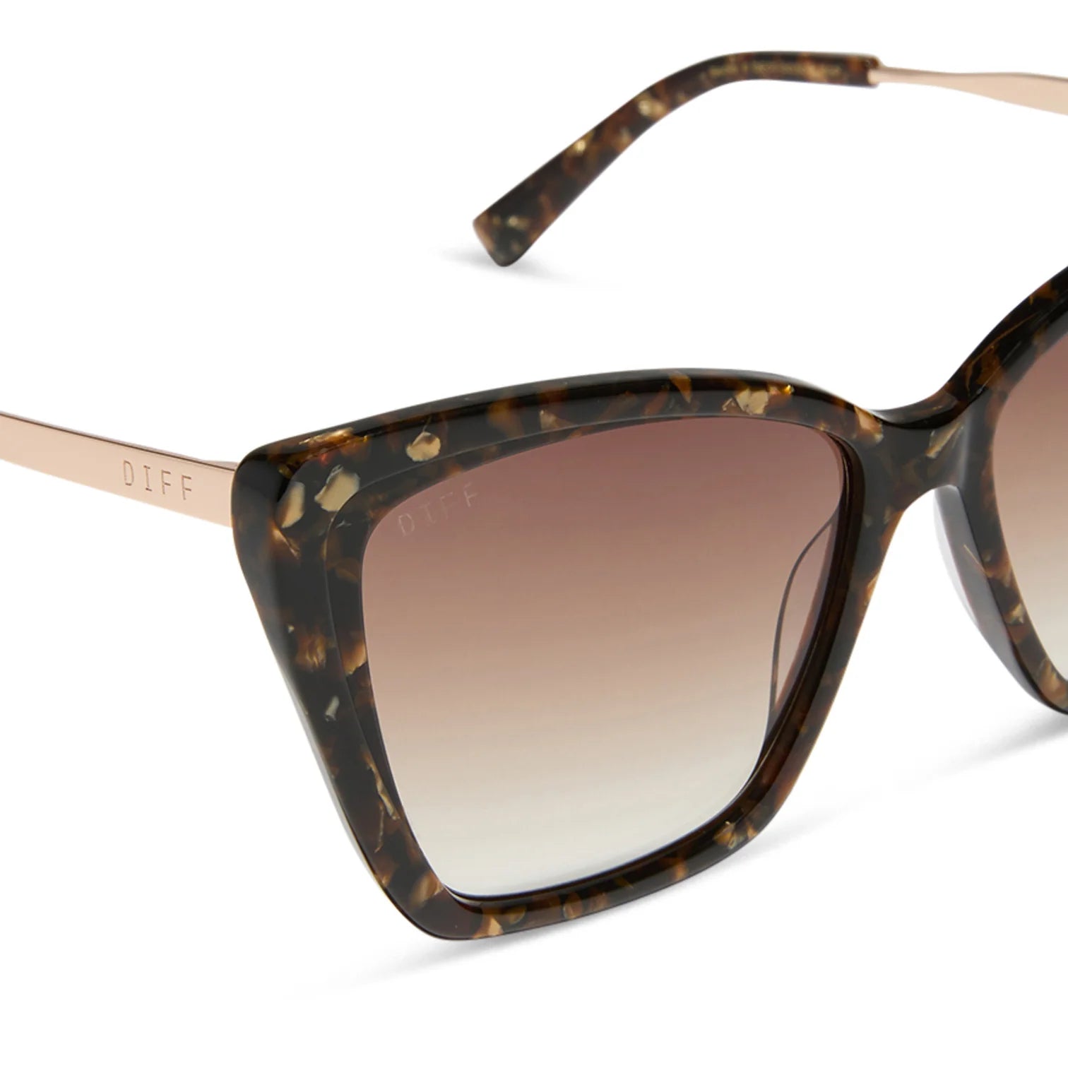 Sunglasses with tortoiseshell frame and gradient lenses on a white background