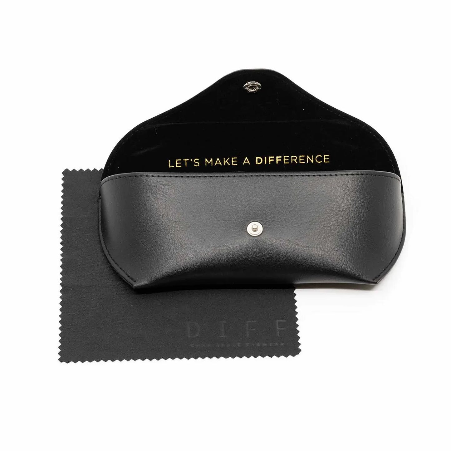 Black glasses case with 'Let's Make a Difference' text and cleaning cloth on white background