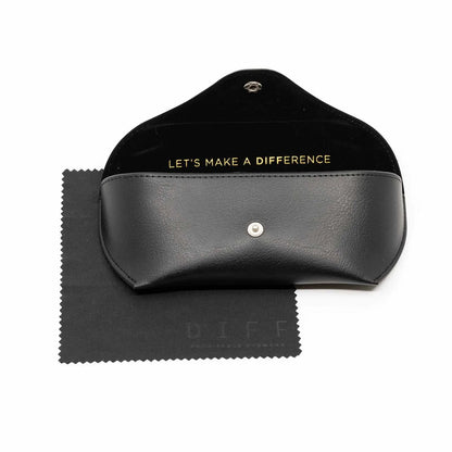Black glasses case with 'Let's Make a Difference' text and cleaning cloth on white background