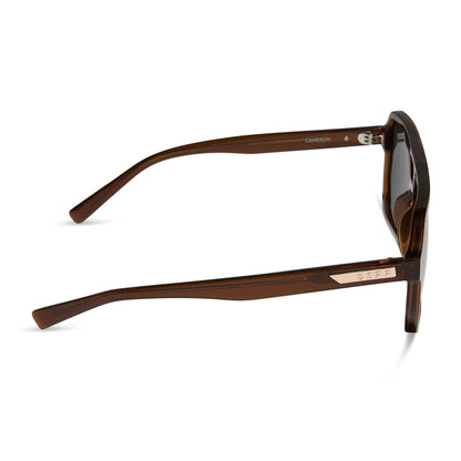 Brown sunglasses with a visible brand logo on a white background