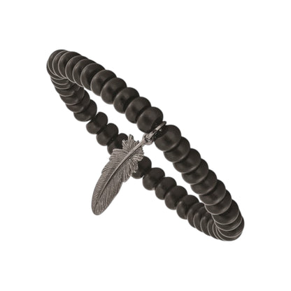 Men's Belle Amore Matte Blk Agate Rhondelle and Brass Feather Beaded Bracelet