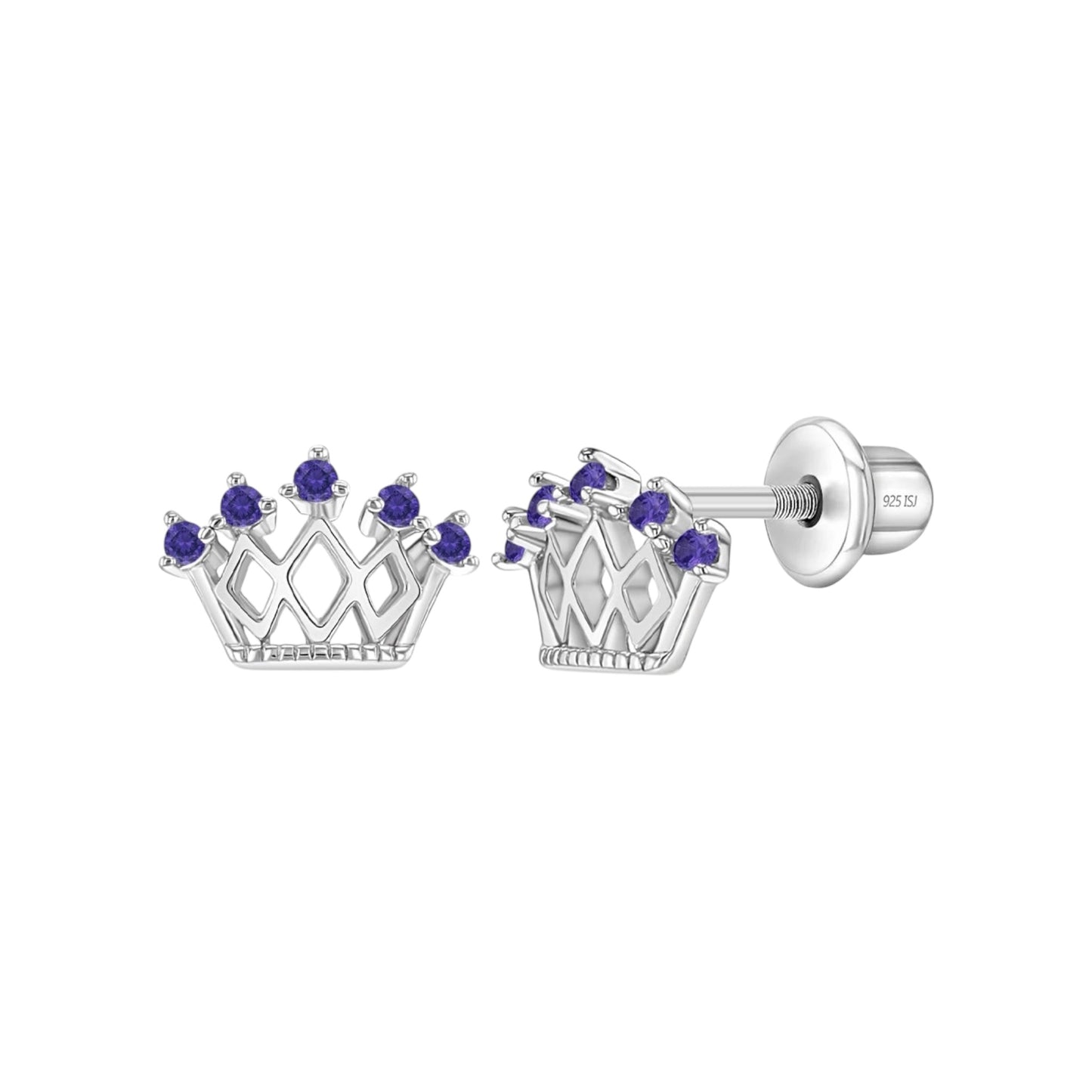 5 Point CZ Sterling Silver Crown Screw Back Girl Earrings