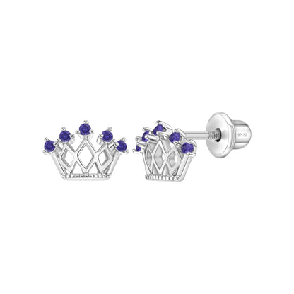 5 Point CZ Sterling Silver Crown Screw Back Girl Earrings