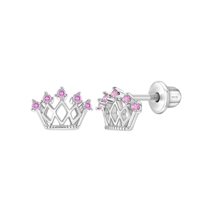 5 Point CZ Sterling Silver Crown Screw Back Girl Earrings