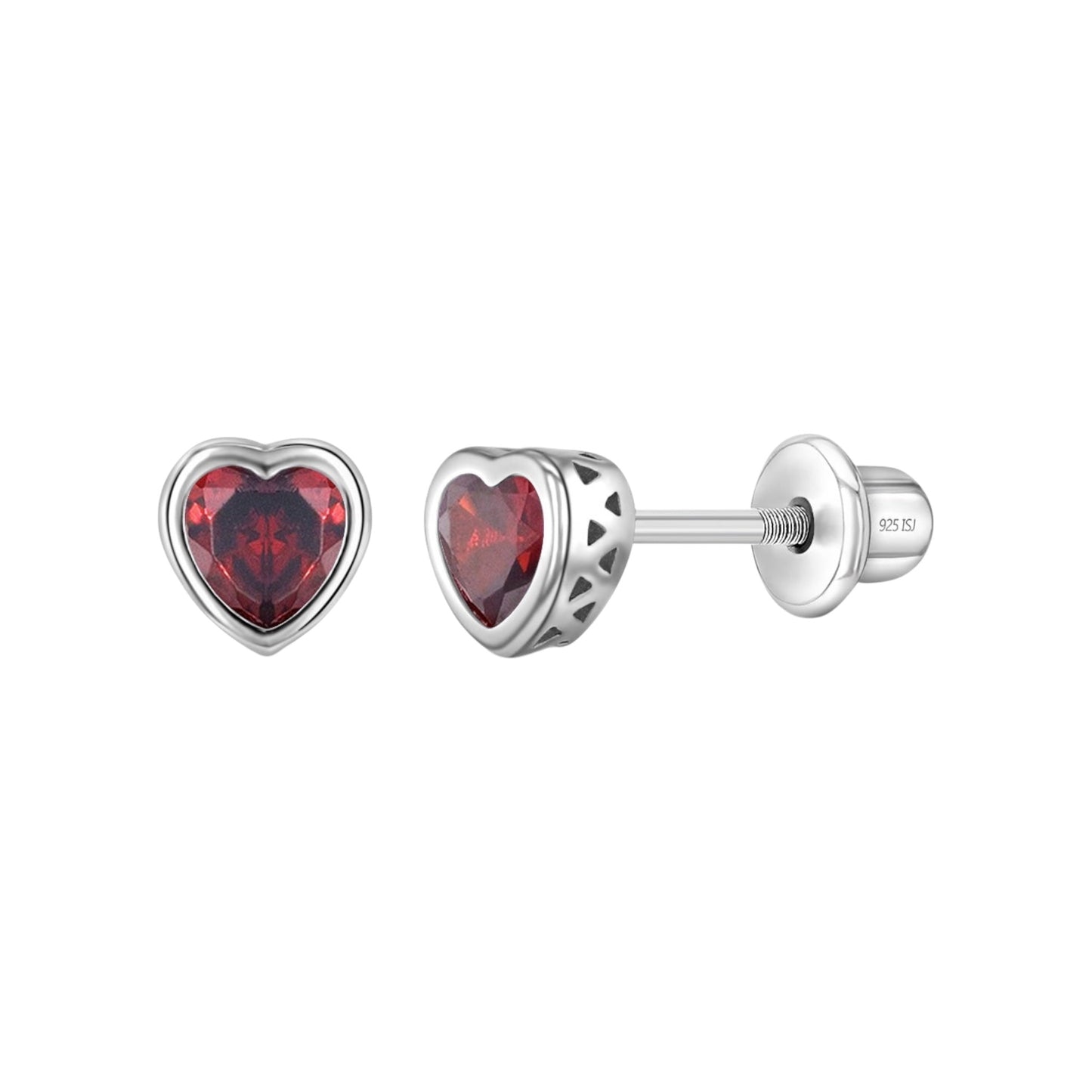 Sterling Silver CZ Birthstone Heart Screw Back Girls Earrings