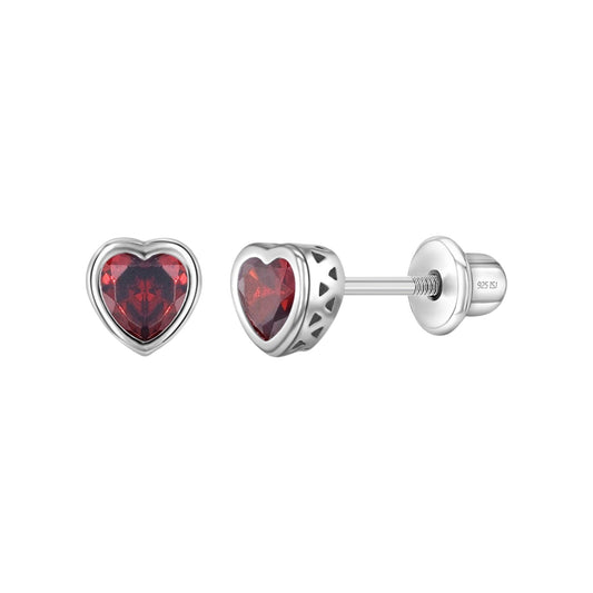 Sterling Silver CZ Birthstone Heart Screw Back Girls Earrings