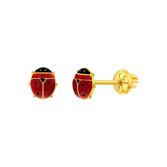 14k Gold Colorful Ladybug Screw Back Girls Earrings