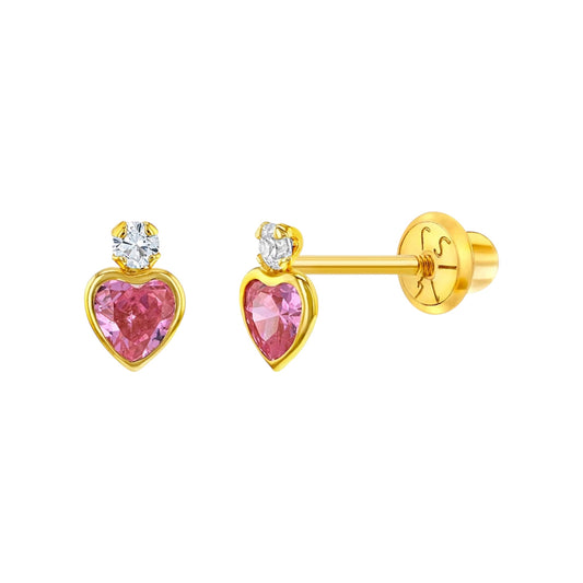 14k Gold Royal Heart CZ Screw Back Girls Earrings