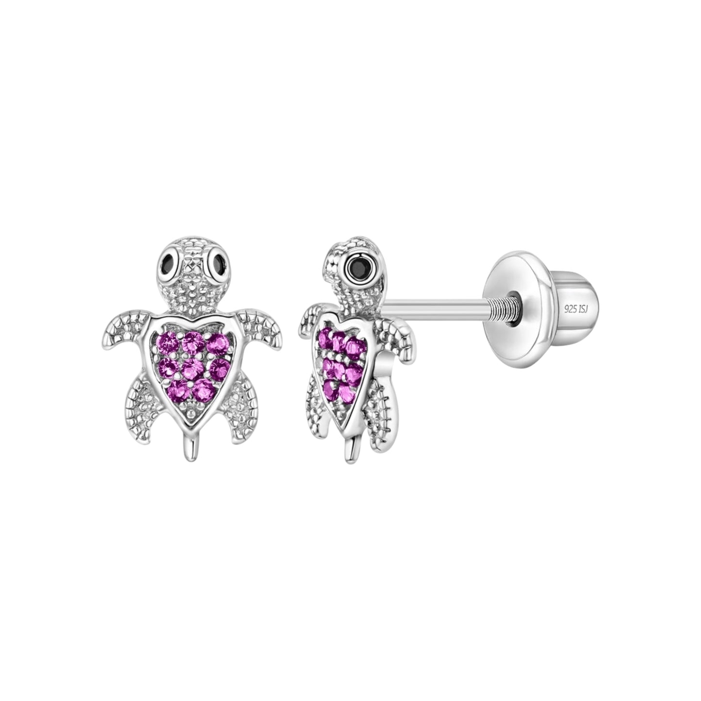 Adorable Turtle Earrings Screw Back - Sterling Silver - Hot Pink CZ