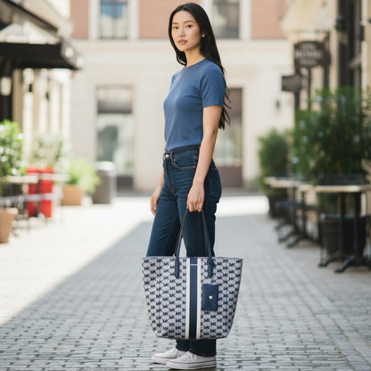 Michael Kors Vincent Large Logo Jacquard Tote W/Card Holder Attachment