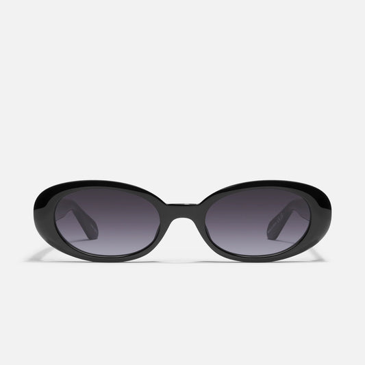 Black sunglasses with dark lenses on a white background