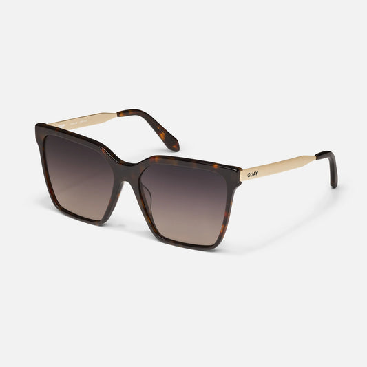 Sunglasses with tortoiseshell frame and gradient lenses on a white background