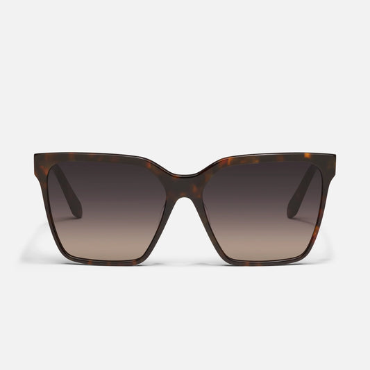 Sunglasses with tortoiseshell frame and gradient lenses on a white background
