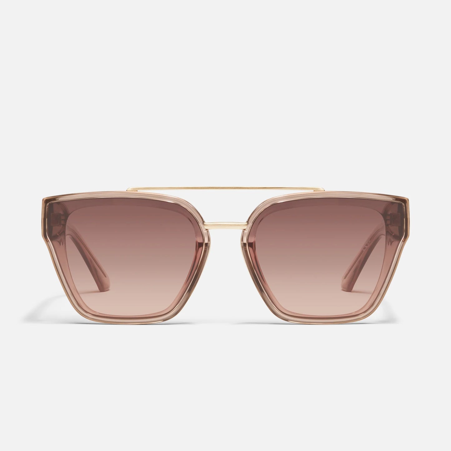 Sunglasses with gold frame and brown lenses on a light gray background
