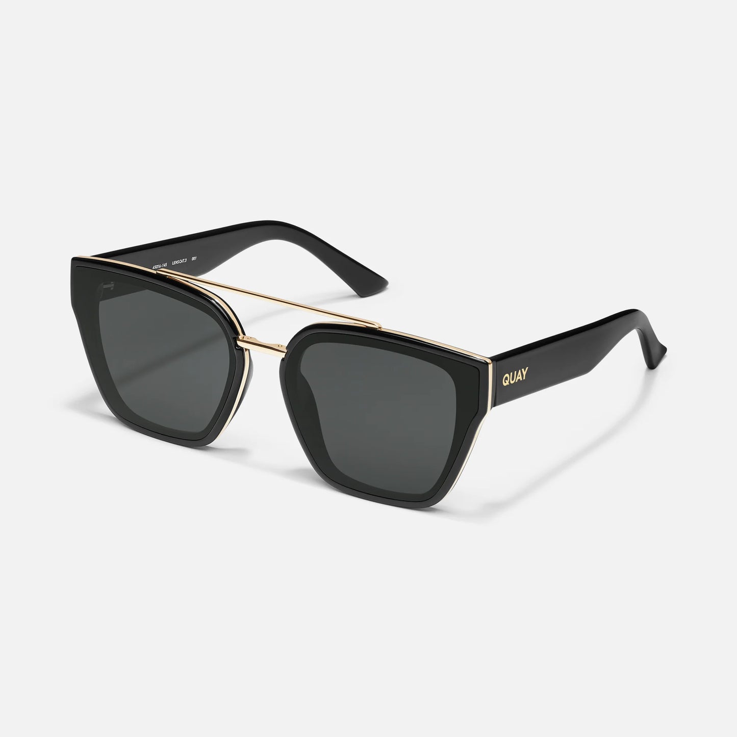Black sunglasses with gold accents on a white background