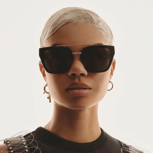 Person wearing black sunglasses with a neutral background