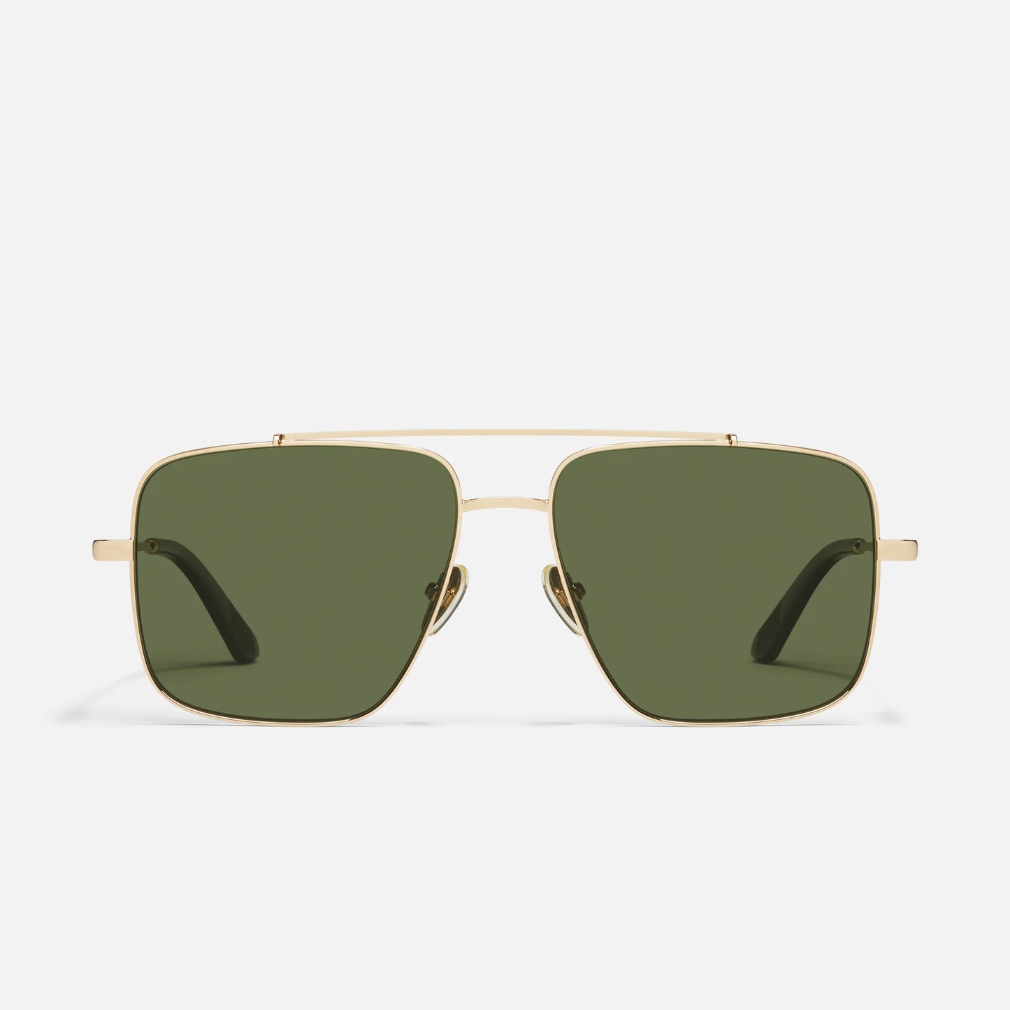 Gold-framed sunglasses with green lenses on a white background