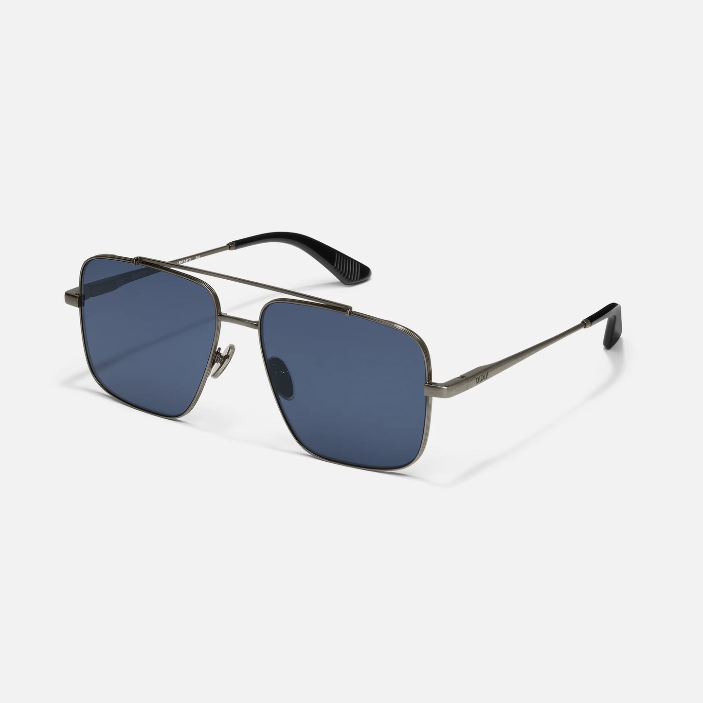 Sunglasses with blue lenses and metallic frame on a white background