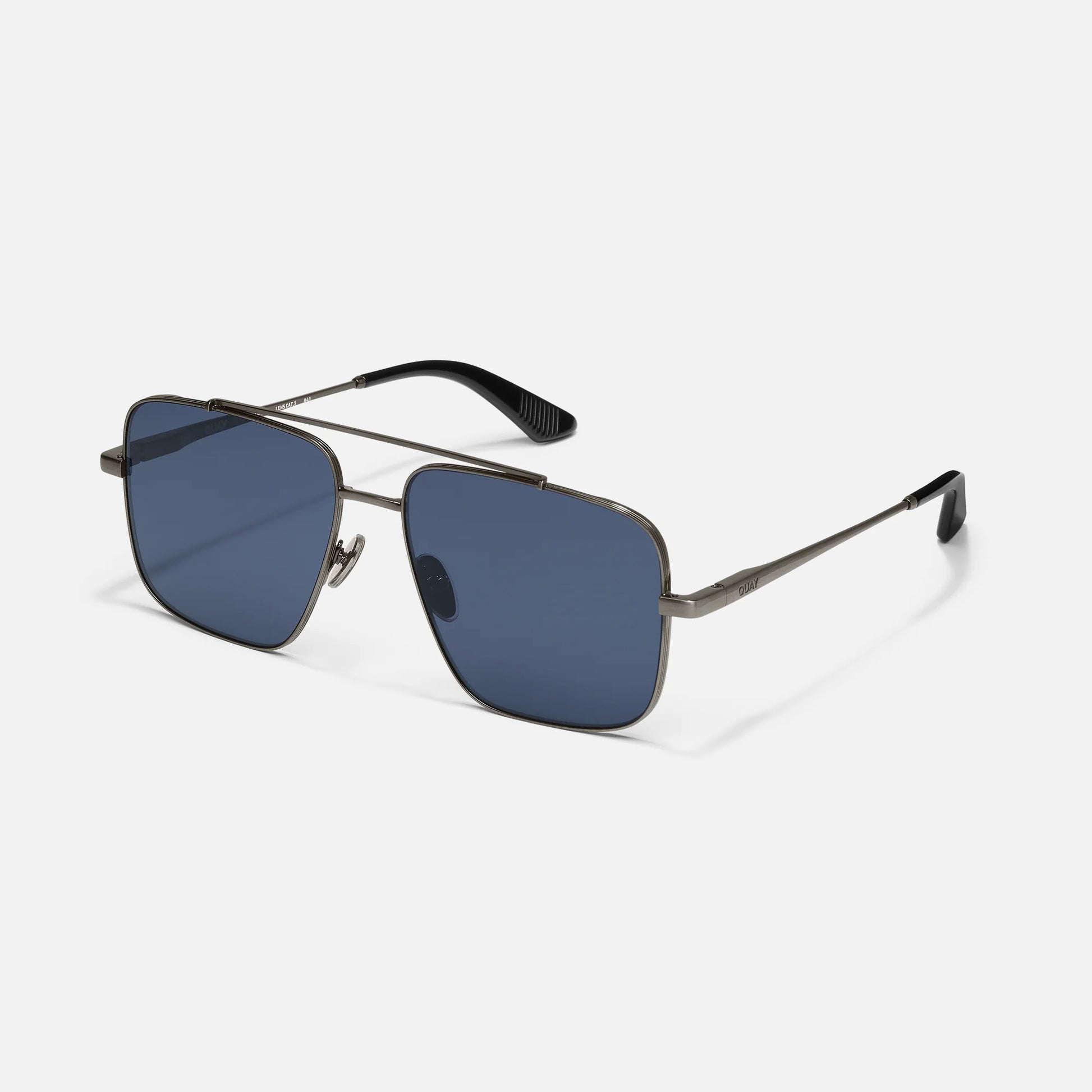 Sunglasses with blue lenses and metallic frame on a white background