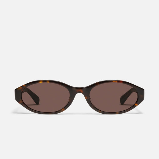 Sunglasses with tortoiseshell frame and dark lenses on a white background