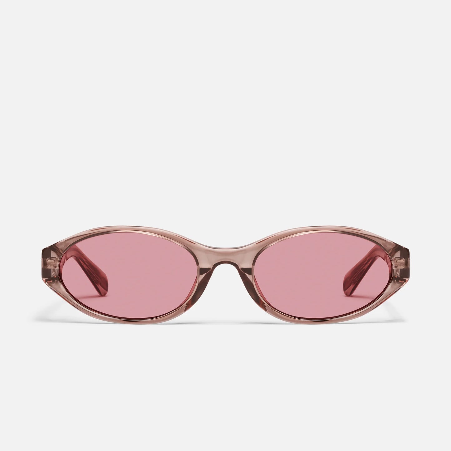 Sunglasses with pink lenses on a white background