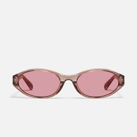Sunglasses with pink lenses on a white background